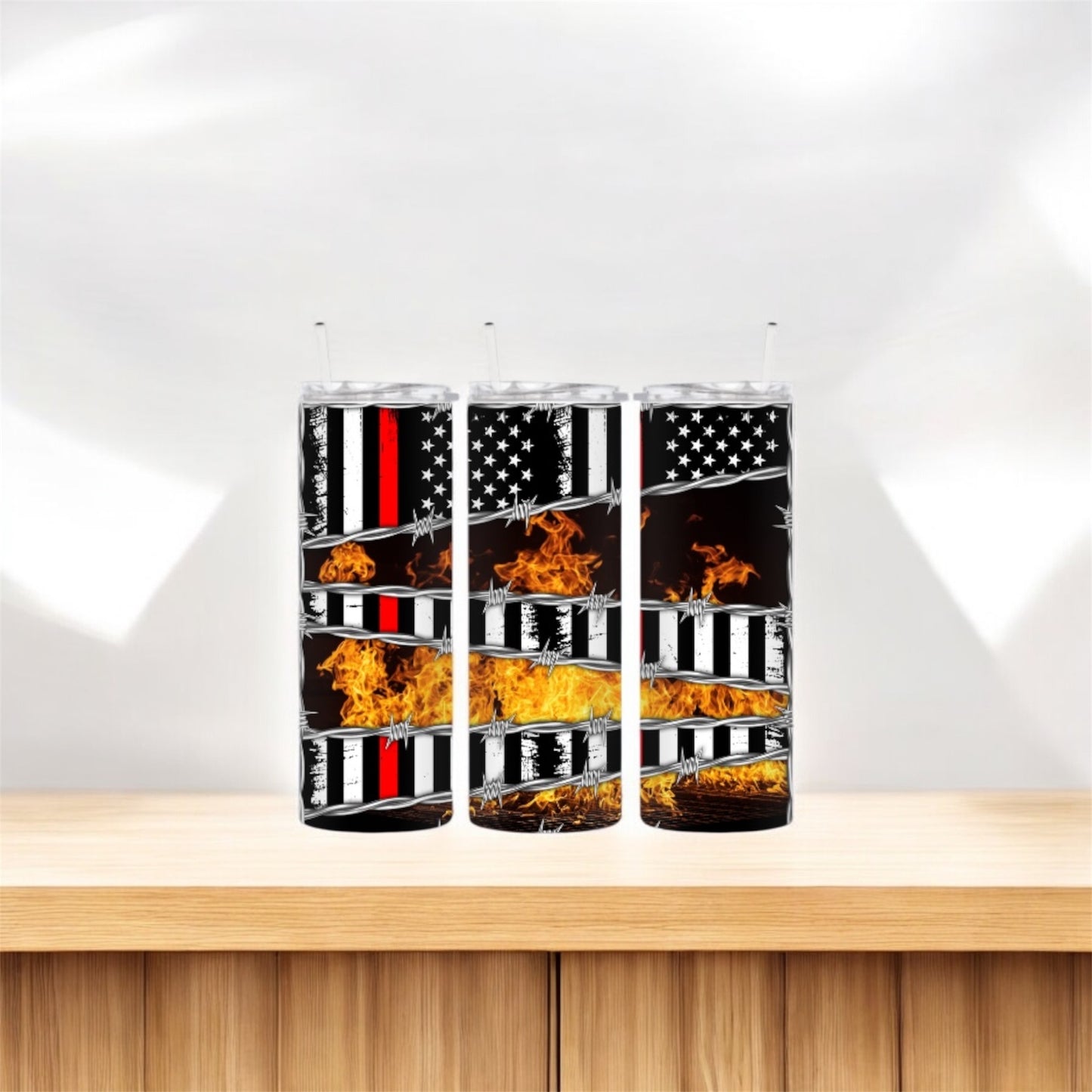 Fire, Red Line Flag, Barbed Wire Tumbler