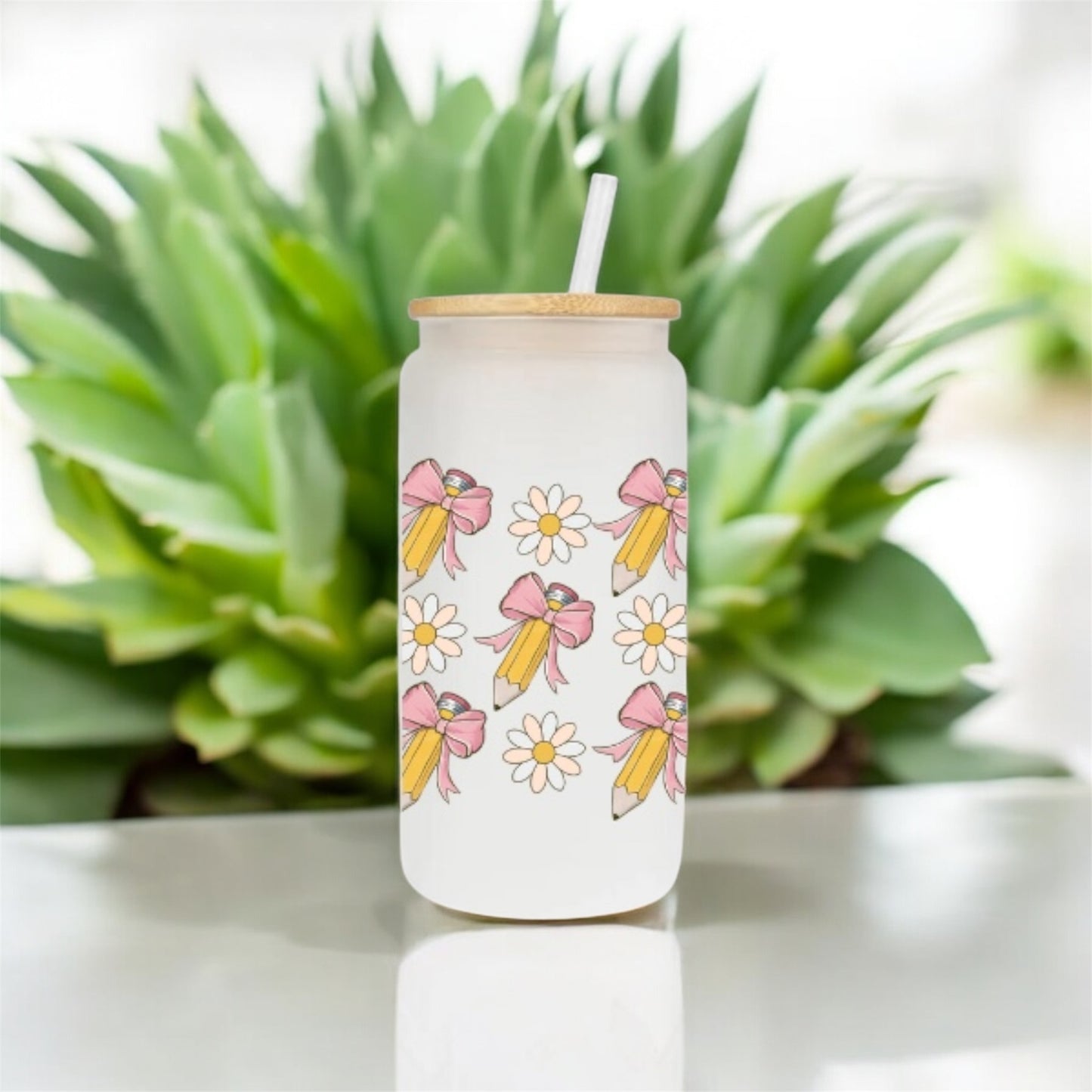 Pencil Bow Teacher Frosted Glass Can