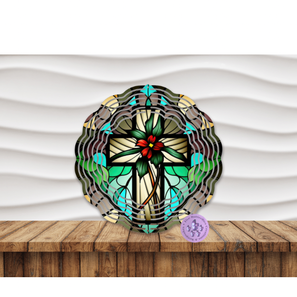 8” Stained Glass Cross Wind Spinner w/swivel hook