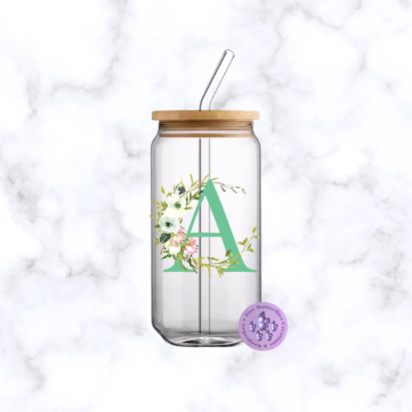 Mint Green Initial Glass Can
