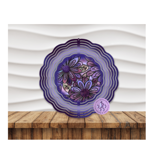 8” Purple Stained Glass Flowers Wind Spinner w/Swivel Hook