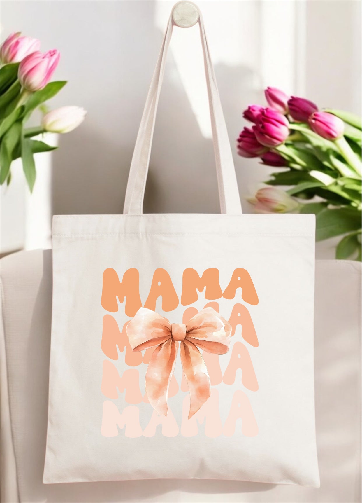 Mama Bow Canvas Tote Bag_Peach