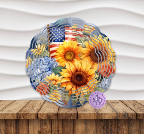 American Flag Sunflowers Wind Spinner w/Swivel Hook