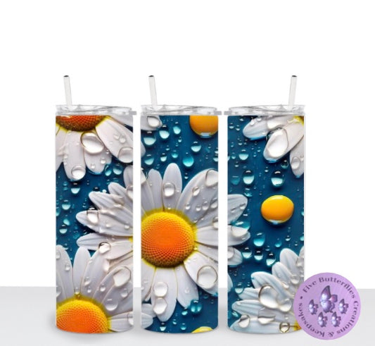 3D Water Drop Daisies Blue Tumbler