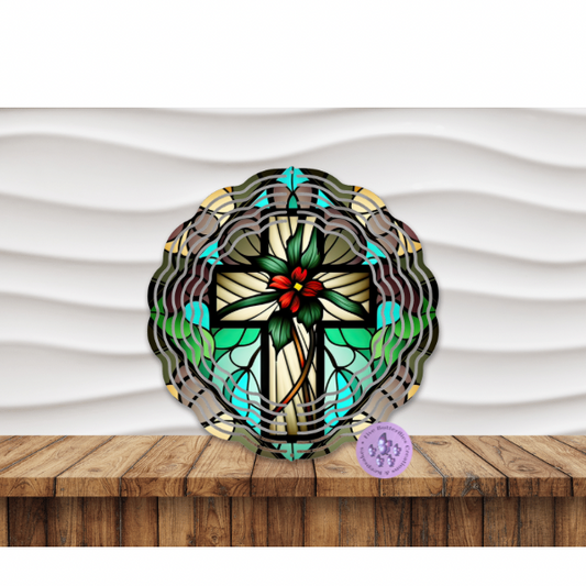 8” Stained Glass Cross Wind Spinner w/swivel hook