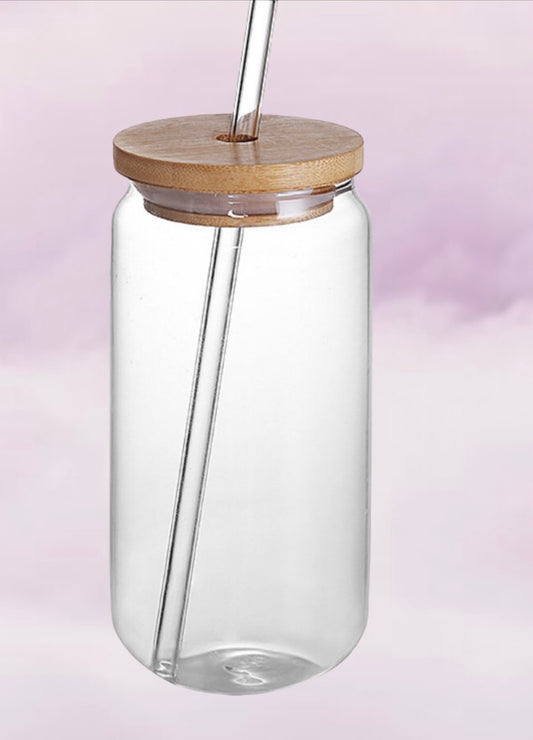 16, 20 or 25 oz. Glass Can w/Bamboo Lid & Straw - Blank/Custom