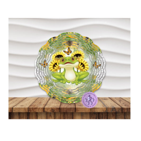 8” Frog with Daisies & Butterflies Wind Spinner w/Swivel Hook
