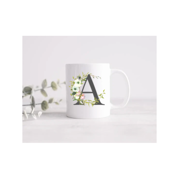 Gray Floral Initial Mug