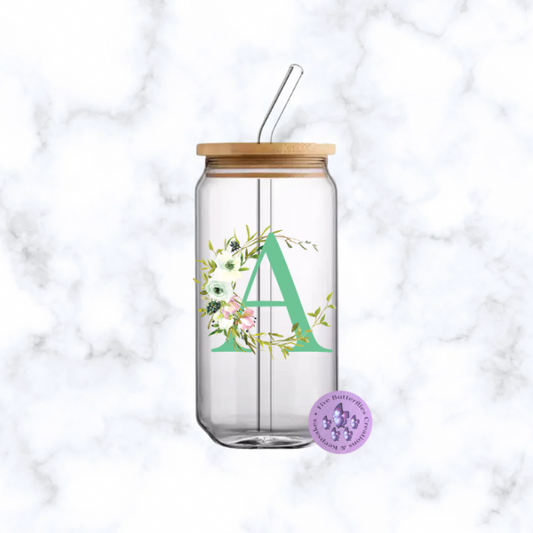 Mint Green Initial Glass Can