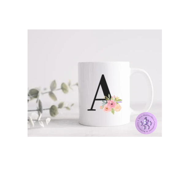 Black Floral Initial Mug