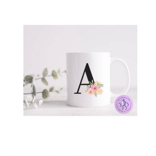 Black Floral Initial Mug