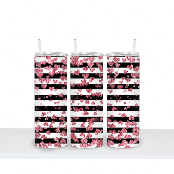 Pink Glitter Hearts Black Stripes