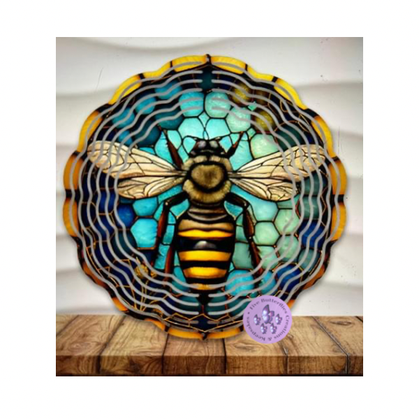 8” Bee Stained Glass (aqua) Wind Spinner w/Swivel Hook